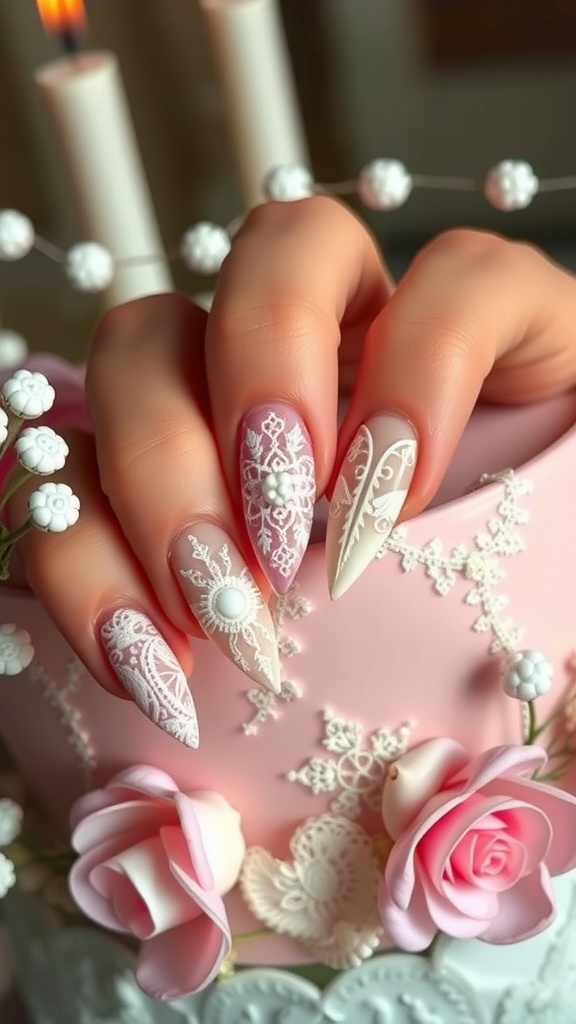 A hand with vintage lace pattern nails next to a pink birthday cake adorned with roses and candles.