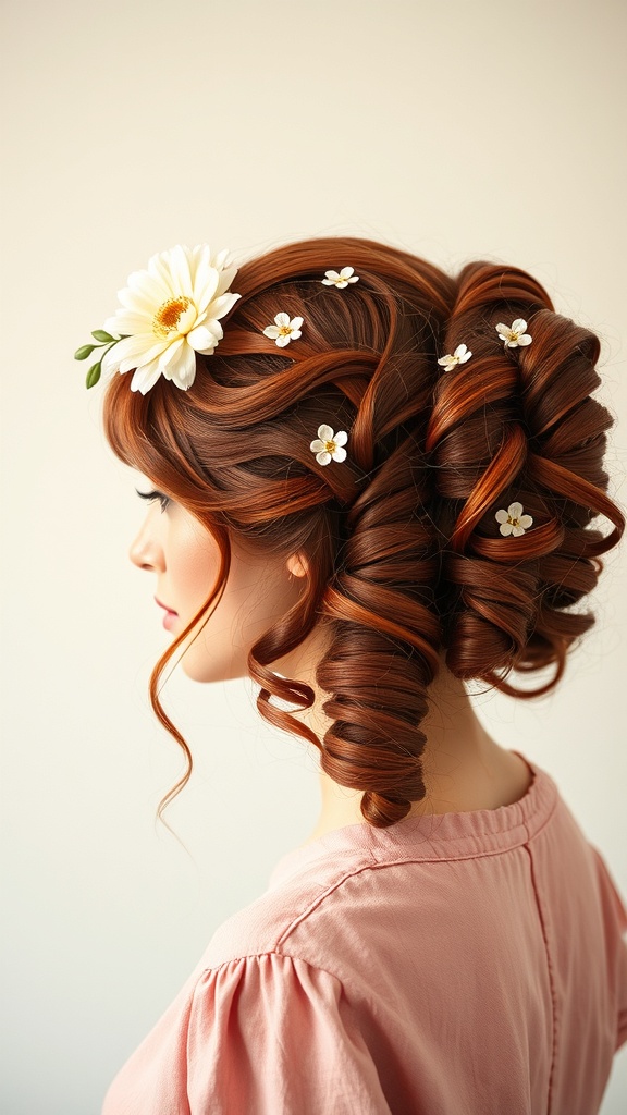 A woman with Vintage Rosewood hair styled in curls, adorned with flowers.