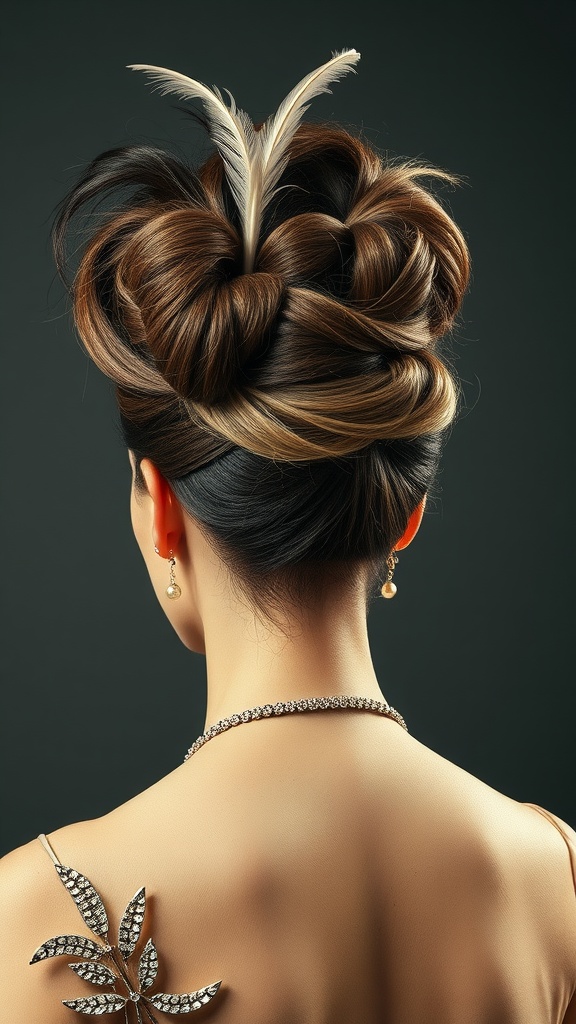 A vintage updo hairstyle featuring elegant twists and feathers, showcasing a glamorous look.