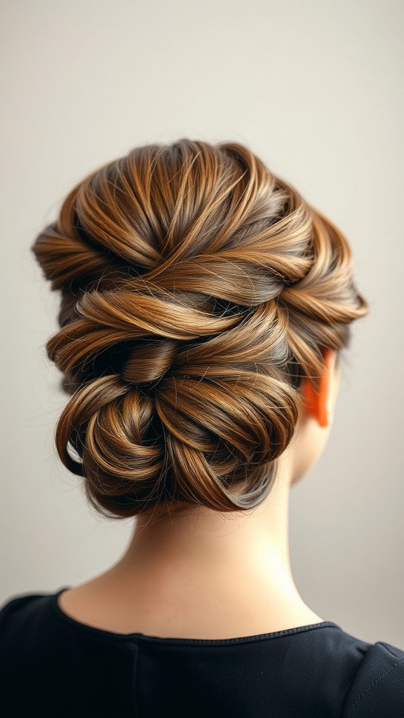 A vintage updo hairstyle featuring light chocolate brown hair with soft brown highlights, showcasing intricate braiding.