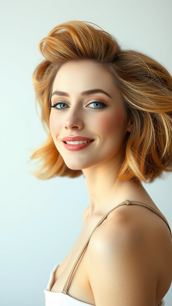 A woman with voluminous copper hair styled in soft waves, featuring blonde highlights.