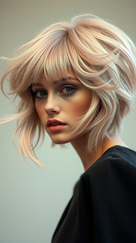 A woman with voluminous pink and blonde hair styled in soft waves.