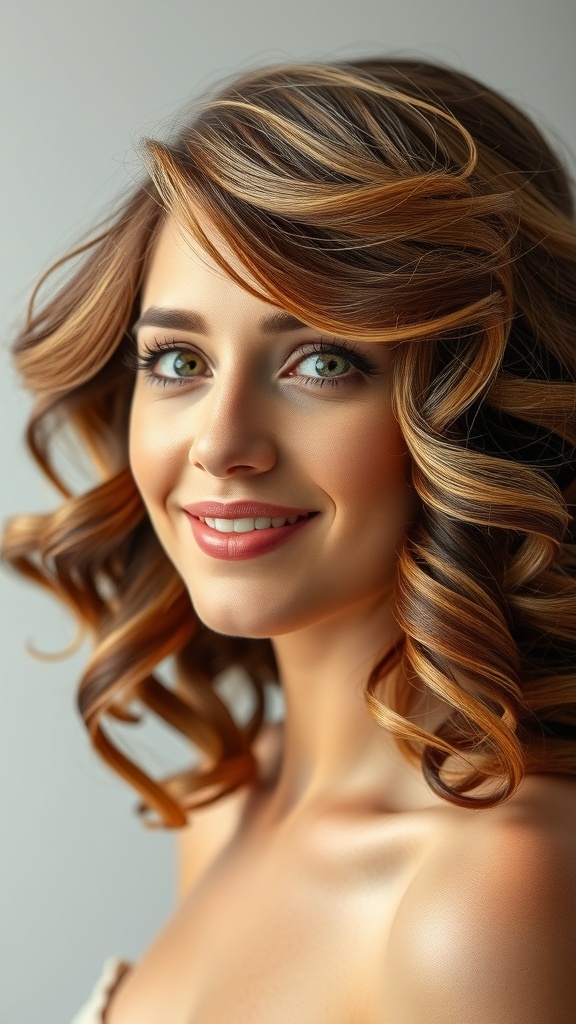 A woman with voluminous curled layers and caramel blonde highlights on dark hair, smiling at the camera.