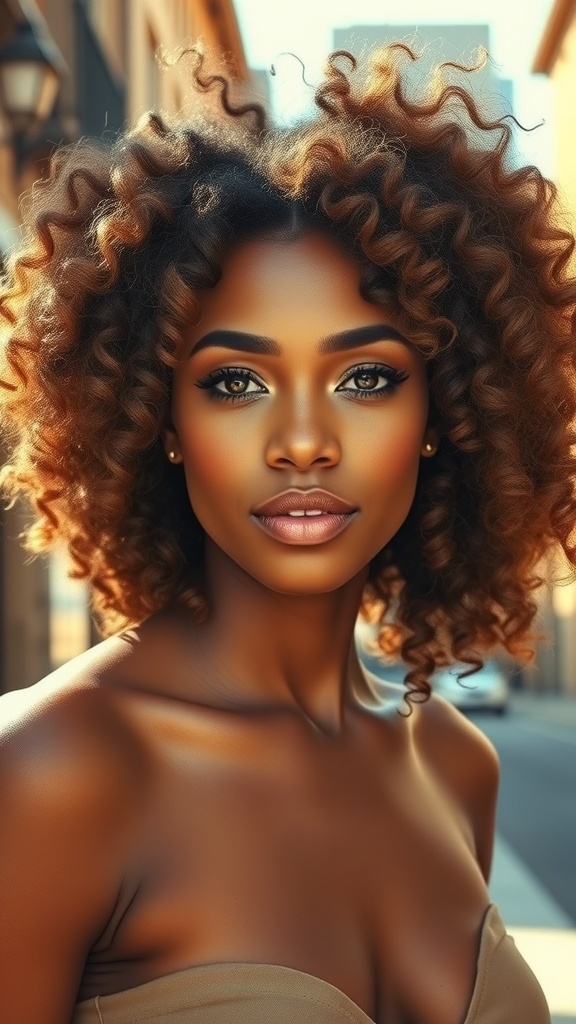 A woman with voluminous honey tea brown curls, showcasing a warm and luminous glow.