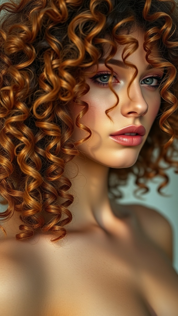 A close-up of a woman with voluminous ginger curls and warm blonde highlights.