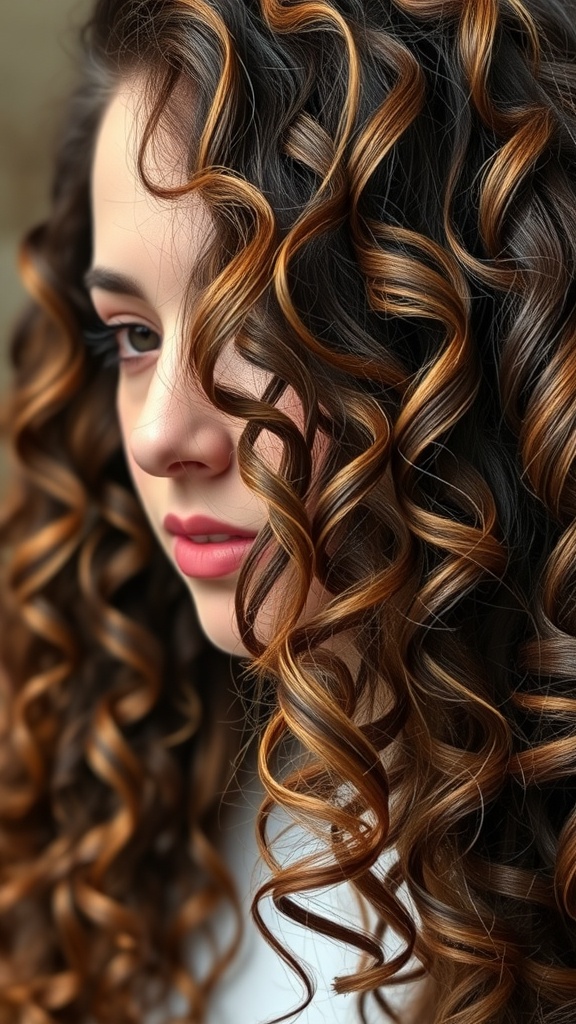 A close-up of a woman with voluminous, curly hair styled with a side part, showcasing rich, warm tones.