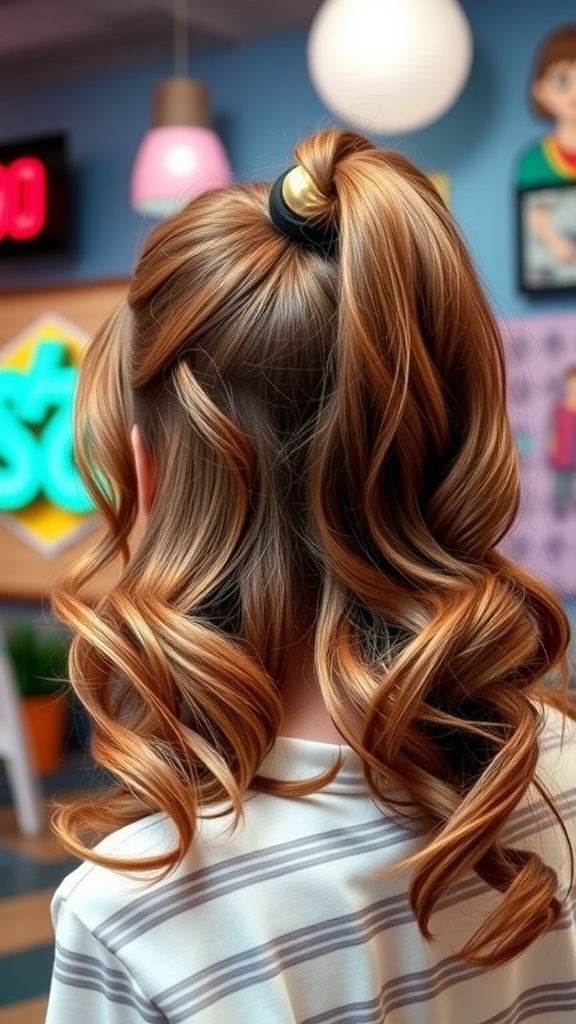 A stylish half-up ponytail with voluminous curls, showcasing 90s bombshell hair.