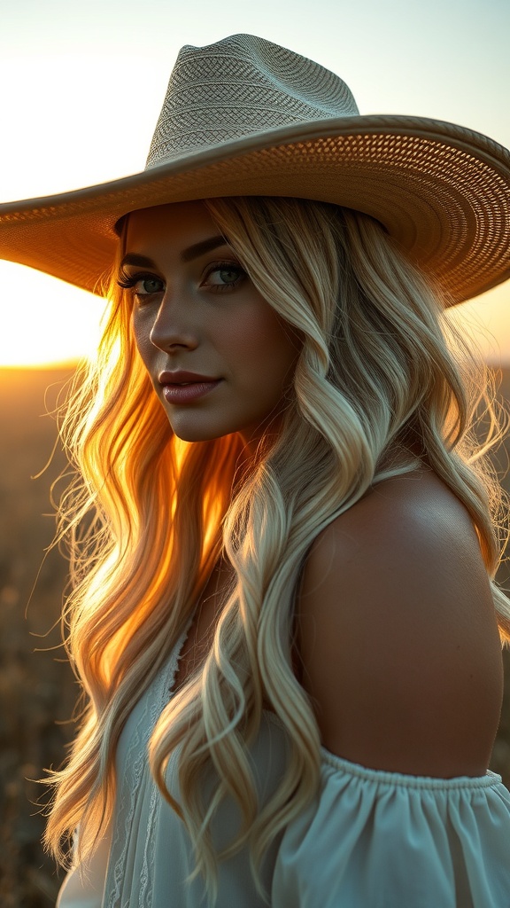 A woman with voluminous silver blonde waves, wearing a wide-brimmed hat, standing against a sunset backdrop.