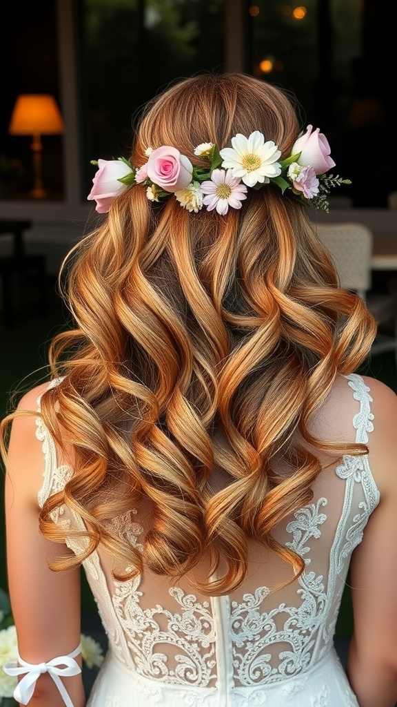 A woman with voluminous waves adorned with floral accents, showcasing a beautiful hairstyle for homecoming.