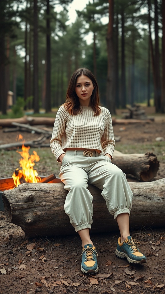 A woman wearing a waffle knit top and linen pants sitting on a log by a campfire in a forest.