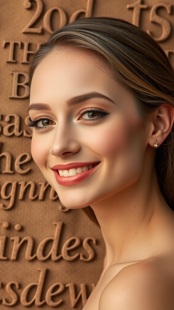 A woman with walnut brunette layers and soft cinnamon highlights, smiling against a textured background.