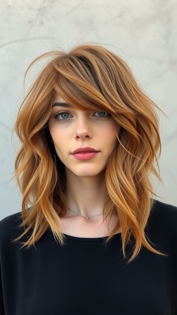 A woman with warm auburn shag hairstyle, showcasing rich hair color and soft waves.