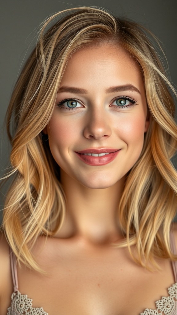 A woman with warm blonde hair featuring amber undertones, styled in soft waves, smiling at the camera.