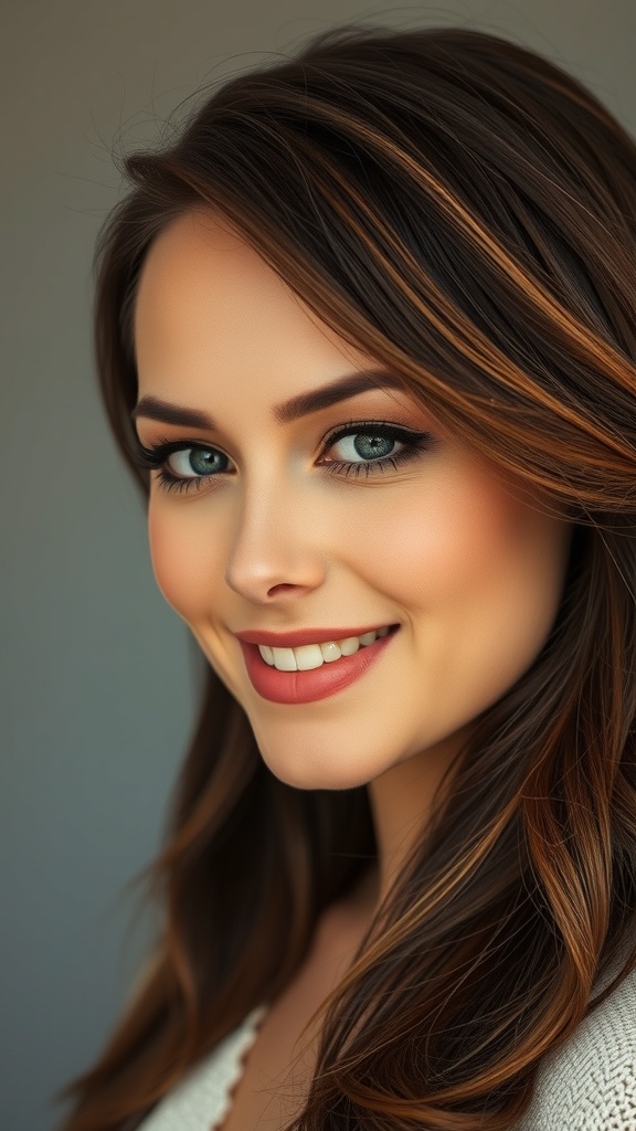 A woman with warm brunette hair featuring soft butterscotch highlights, smiling at the camera.