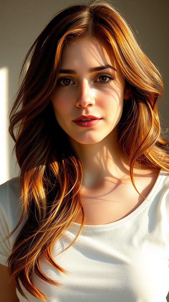 A woman with warm chestnut waves, showcasing rich hair color and soft curls.
