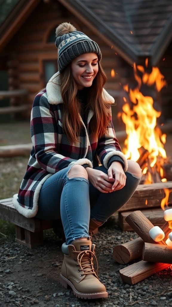 A person sitting on a wooden porch wearing a maroon hoodie and light blue jogger pants, surrounded by trees.