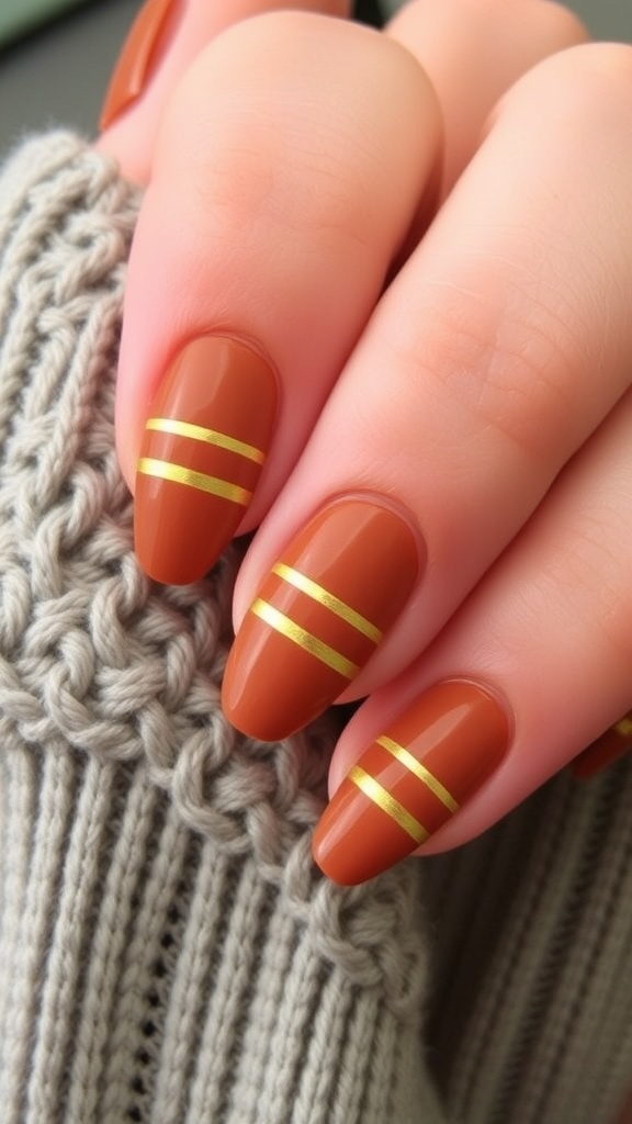 Close-up of warm neutral nails with gold stripe detailing