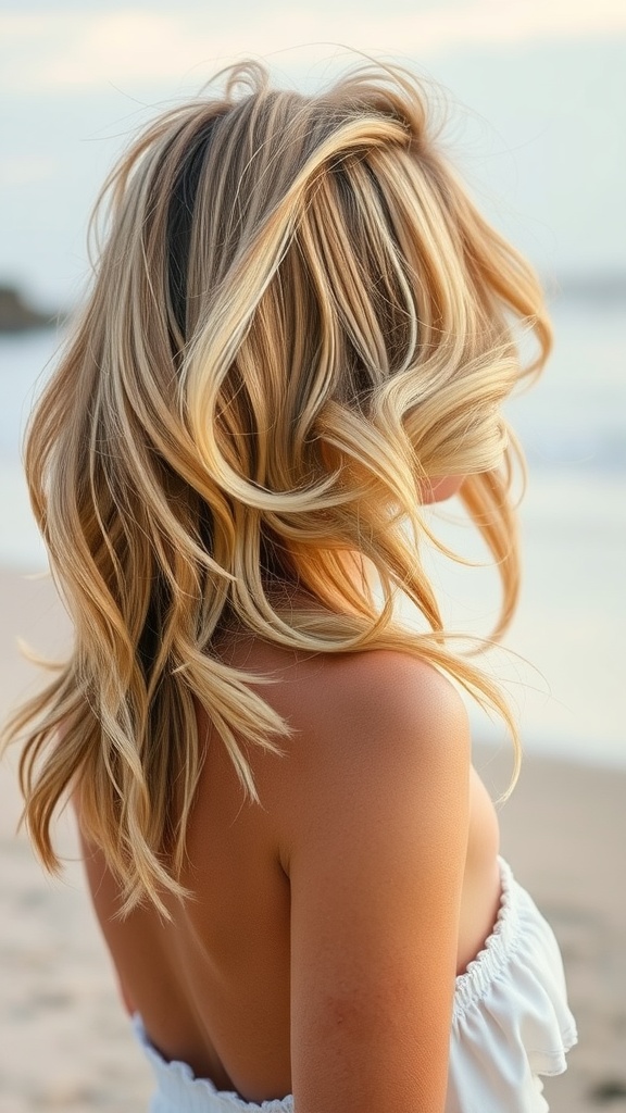 A woman with warm sandy blonde hair styled in loose waves, standing by the beach.