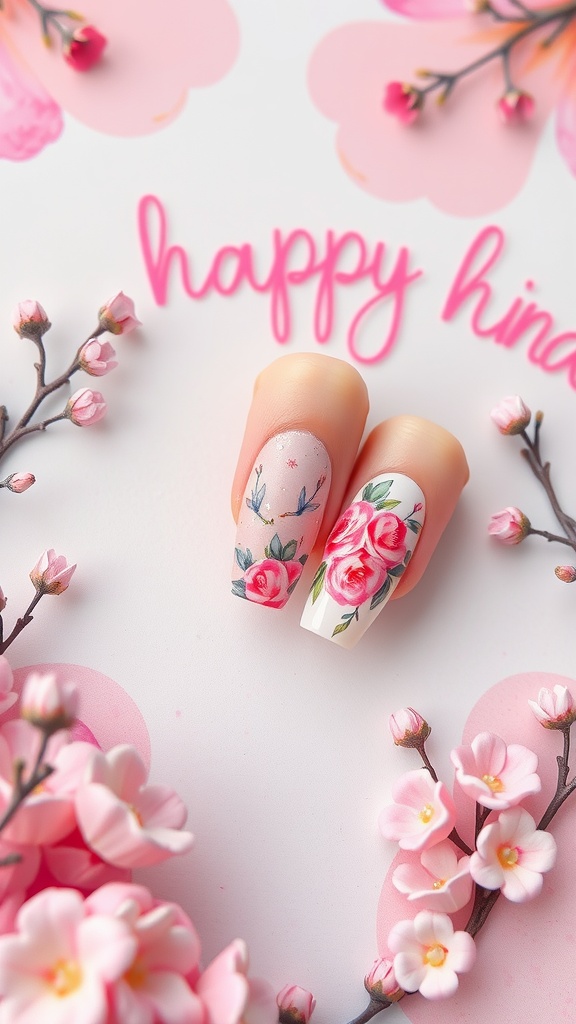 Watercolor nails with floral designs for a birthday celebration