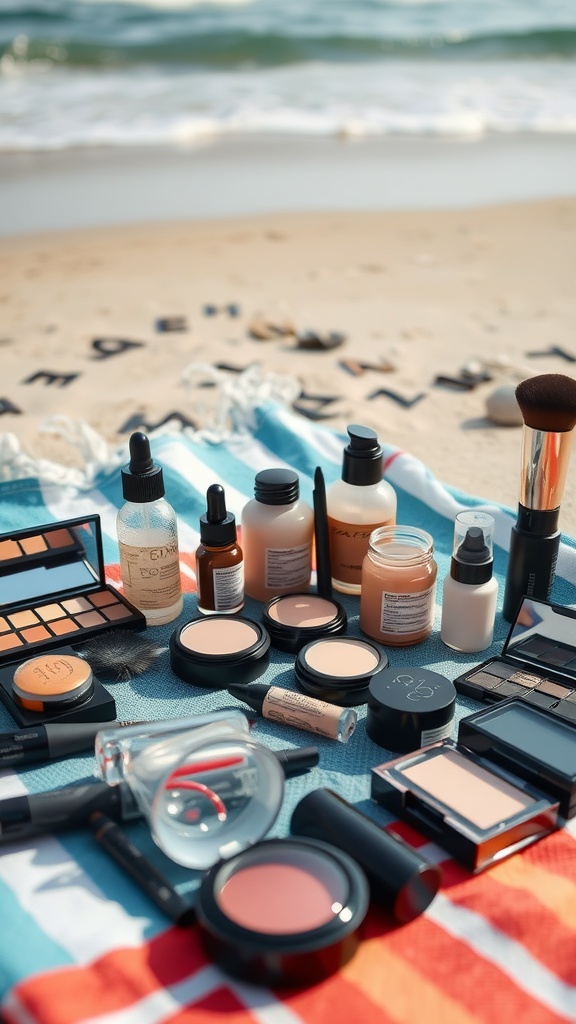 A variety of makeup products arranged on a beach towel, with ocean waves in the background.
