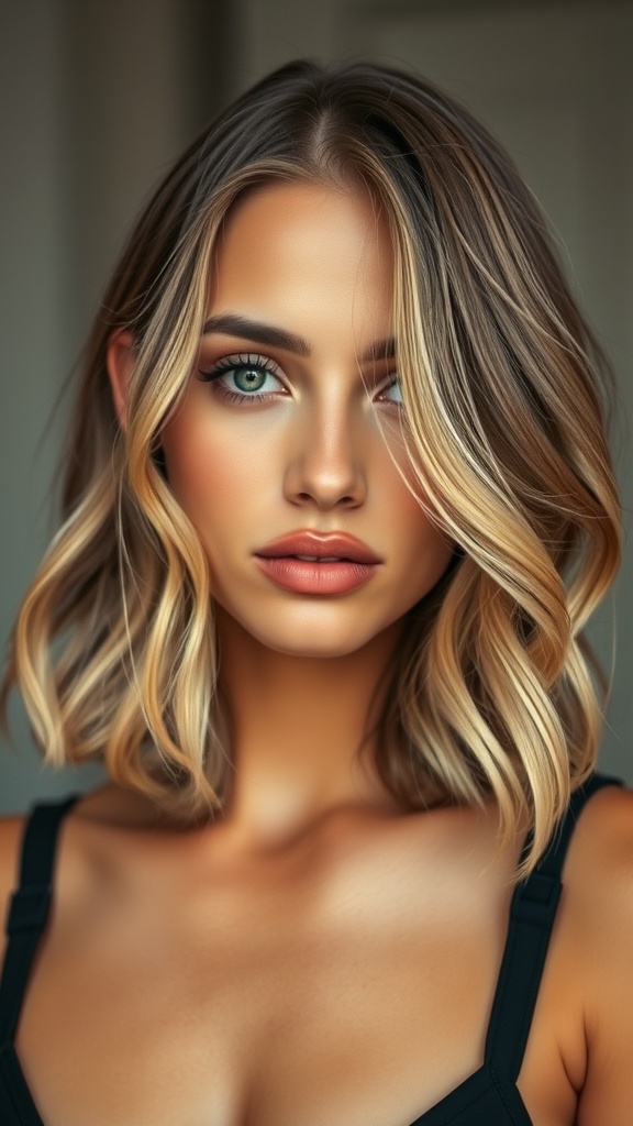 A woman with wavy blonde lob hairstyle featuring a root shadow.