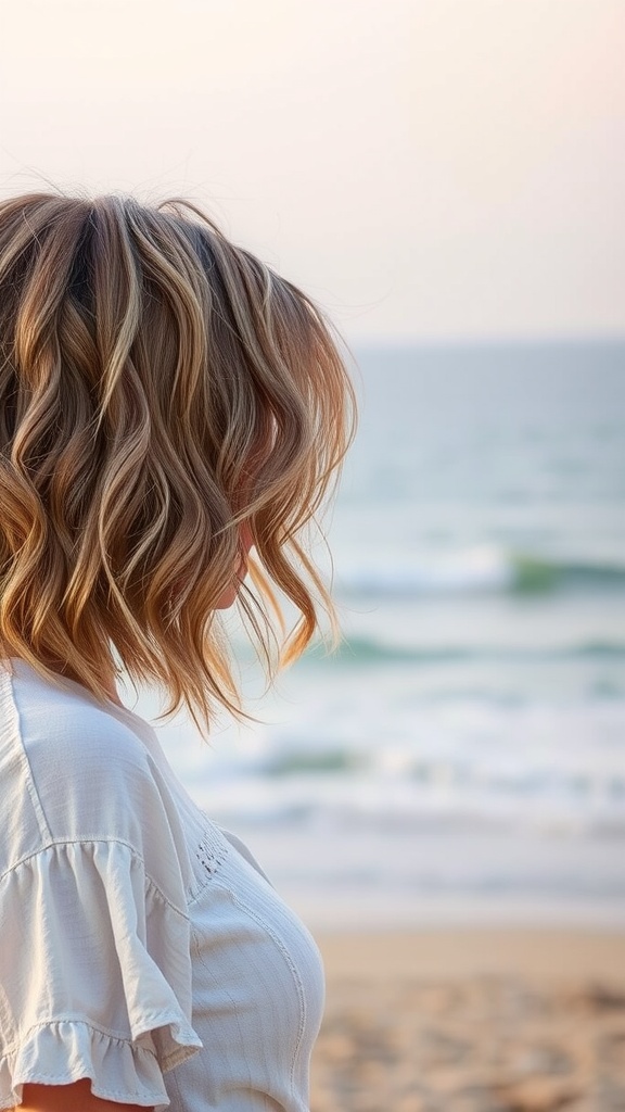 A woman with wavy bob hair standing by the beach, showcasing a relaxed and chic hairstyle.