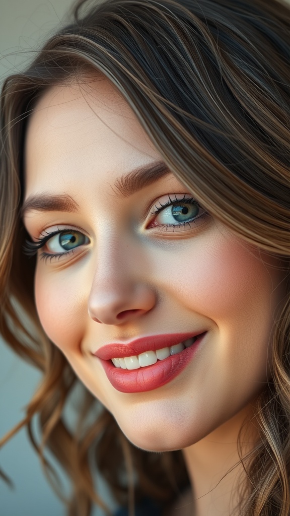 Wavy brown hair with baby blue highlights