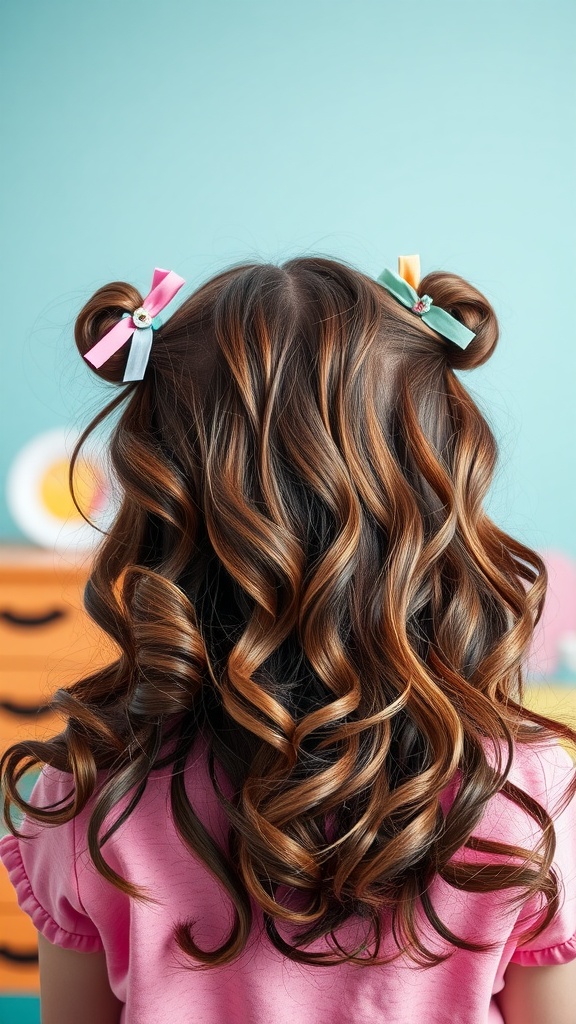 Back view of wavy hair styled with colorful hair clips