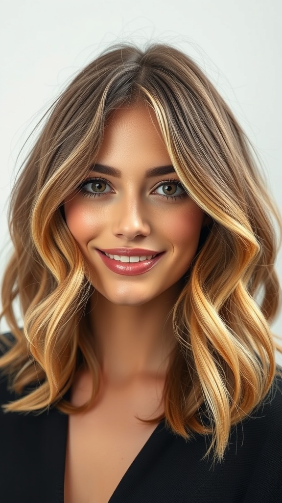 A woman with wavy layered hair, showcasing a layered blowout style.