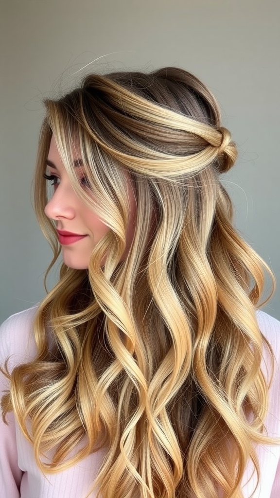 A woman with long, wavy hair styled in a half-up look, showcasing 90s layered hair.