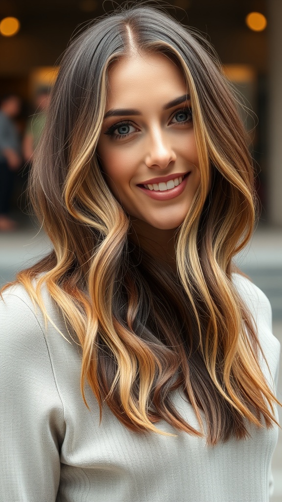 A woman with wavy lob hairstyle featuring caramel blonde highlights on dark hair.