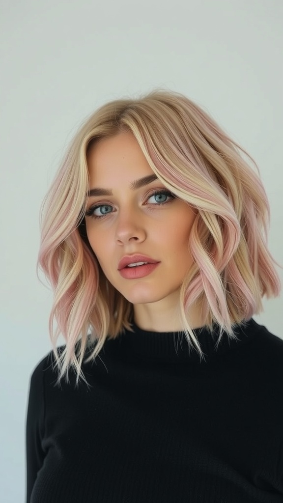 A woman with a wavy lob hairstyle featuring a blend of soft pink and blonde hair colors.