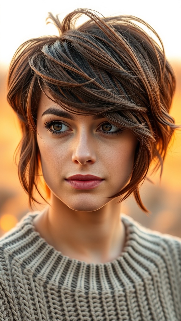 A woman with a wavy pixie cut and fringe, wearing a cozy sweater, with a warm background.
