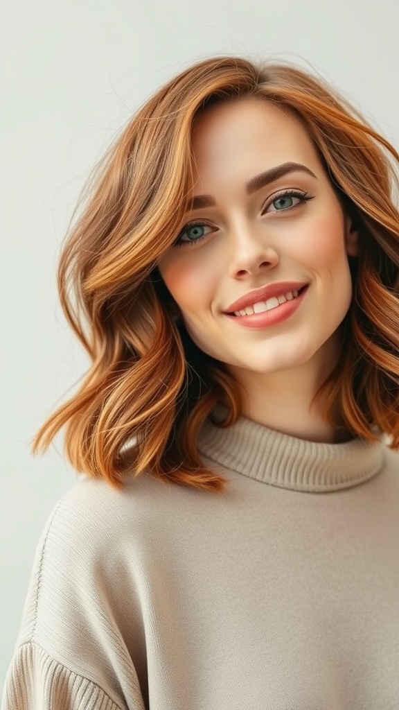 A woman with wavy rust red lob hairstyle, showcasing loose texture and a warm ginger hair color.