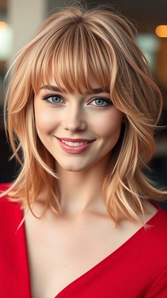 Wavy strawberry blonde shag hairstyle with curtain bangs