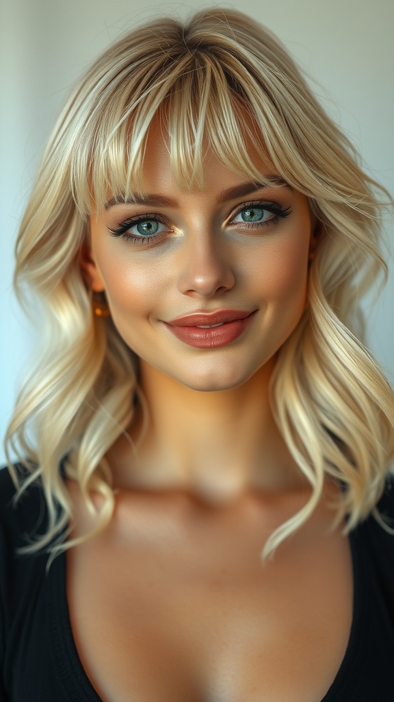 A woman with wavy vanilla blonde hair and fringe bangs, smiling softly