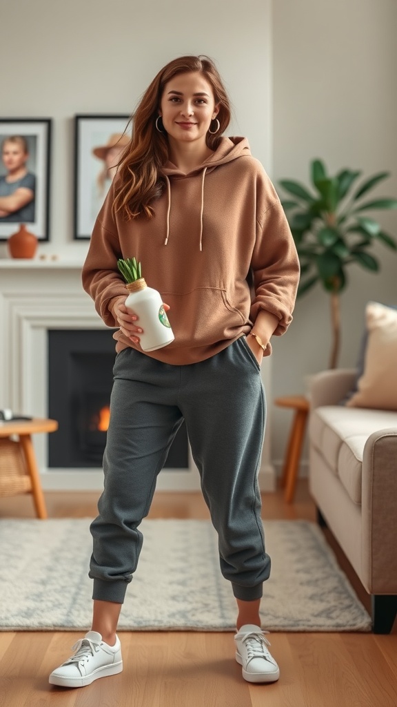 A woman wearing a brown hoodie and dark jogger pants, holding a drink, standing in a cozy living room.