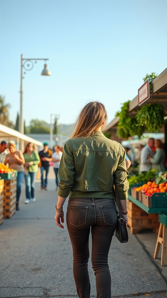 A woman walking through a market wearing a utility jacket and brown jeans.