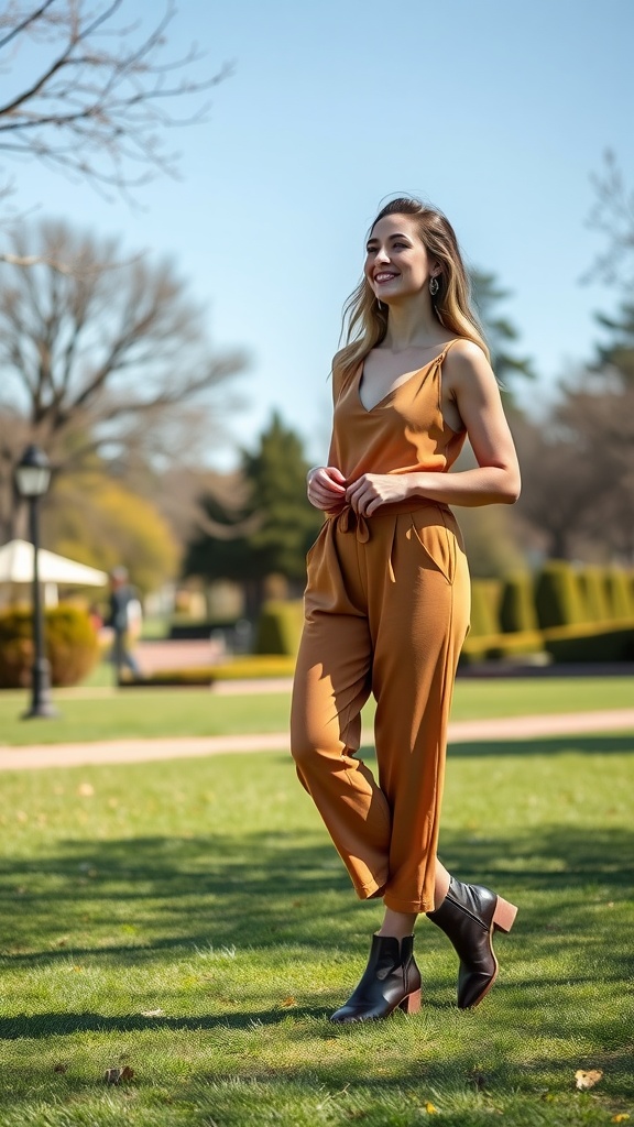 A woman in a mustard jumpsuit and black ankle boots standing on grass, smiling in a park.
