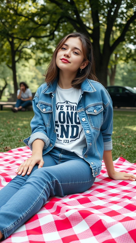 A young woman sitting on a picnic blanket wearing a denim jacket and a graphic tee, with a relaxed expression in a park setting.