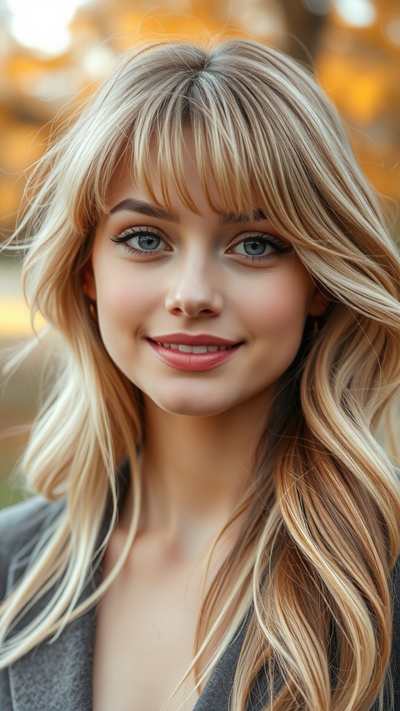 A woman with wheat blonde layered hair and a wispy fringe, smiling outdoors with autumn foliage in the background.