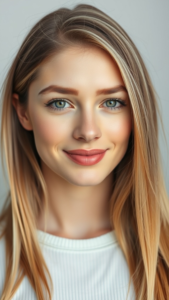 A woman with wheat blonde hair and sandy ends, showcasing a warm and inviting fall hair color.