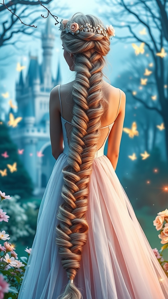 A woman with a long waterfall braid, wearing a floral crown and a flowing gown, standing in front of a castle.
