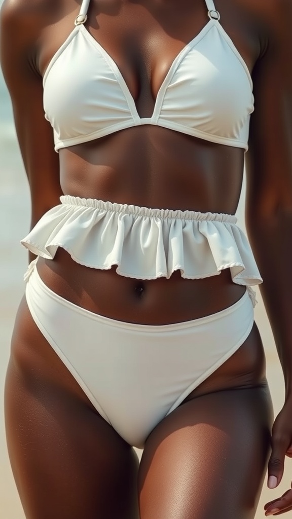 A stylish white bikini with ruffle edges, featuring a triangle top and high-waisted bottoms, perfect for summer.