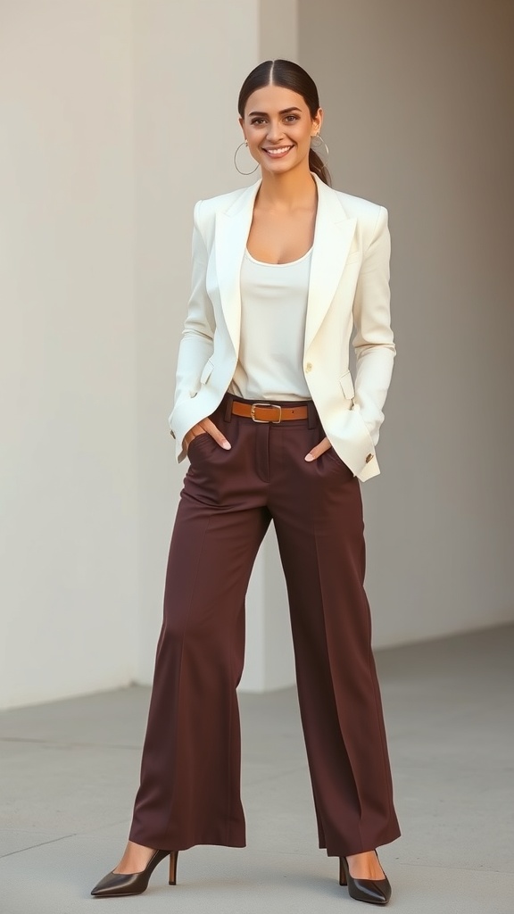 A woman wearing a white blazer and brown wide-leg trousers, smiling confidently.