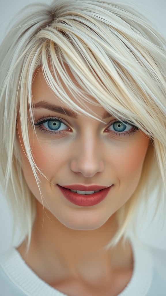 A woman with white blonde layered shag hair and blue eyes, smiling softly.