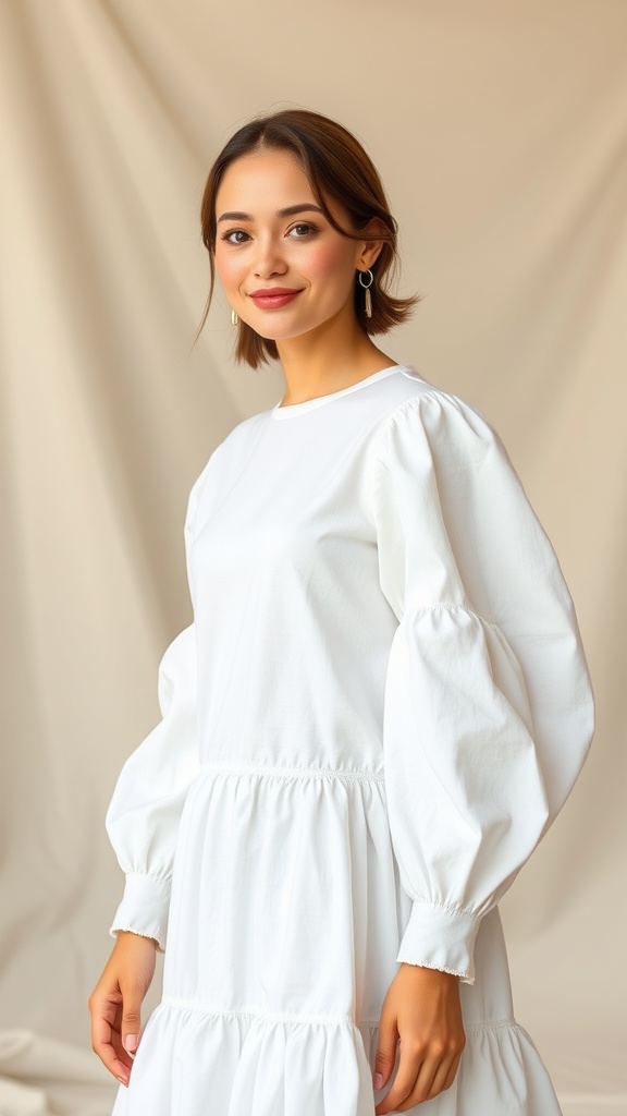 A woman wearing a white cotton long sleeve dress with puff sleeves, smiling against a neutral background.
