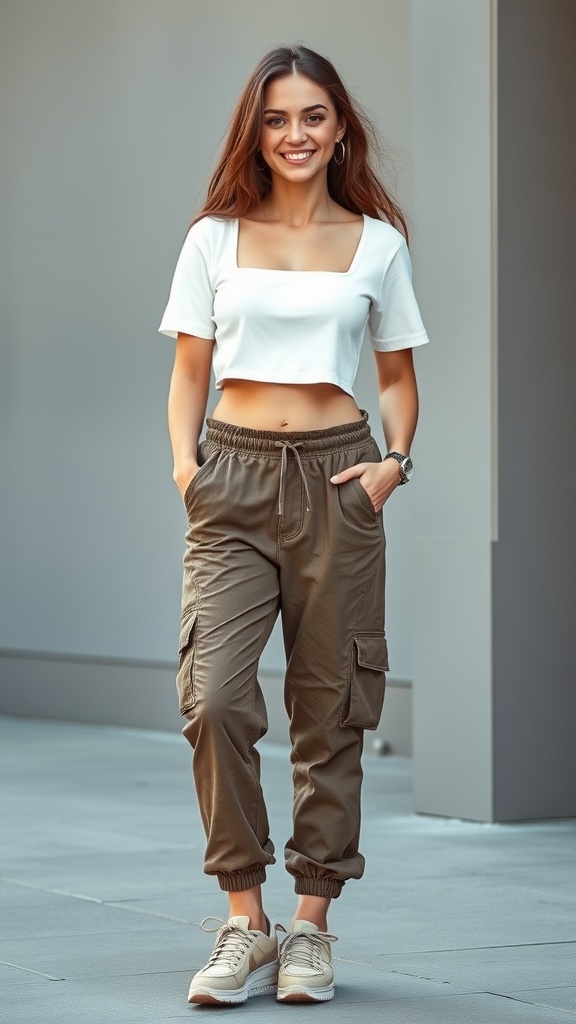 A woman wearing a white crop top and brown cargo pants, smiling outdoors.