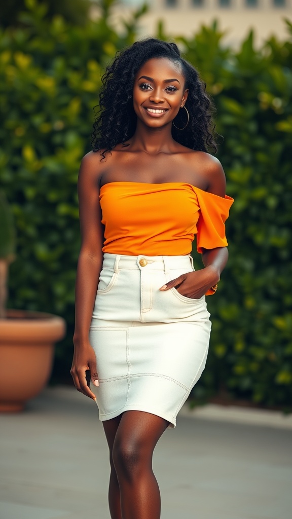 A smiling woman wearing a white denim skirt and an orange off-the-shoulder top, standing outdoors with greenery in the background.