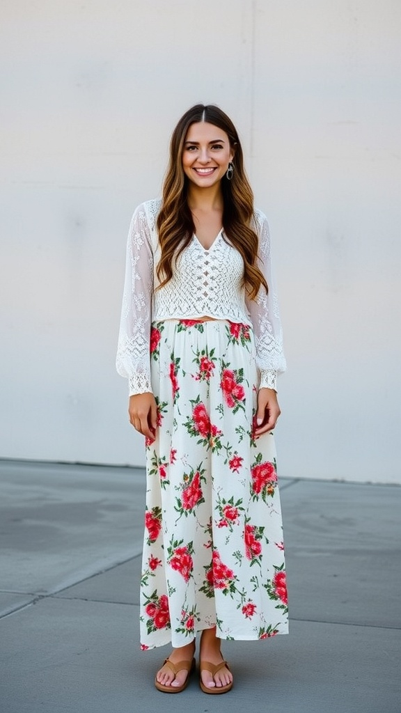 A woman wearing a white eyelet lace long sleeve blouse with a floral maxi skirt, smiling against a neutral background.